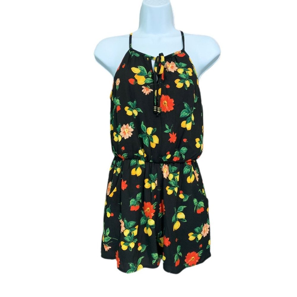 As U Wish Sleeveless Shorts Romper Lemons Floral XS Black